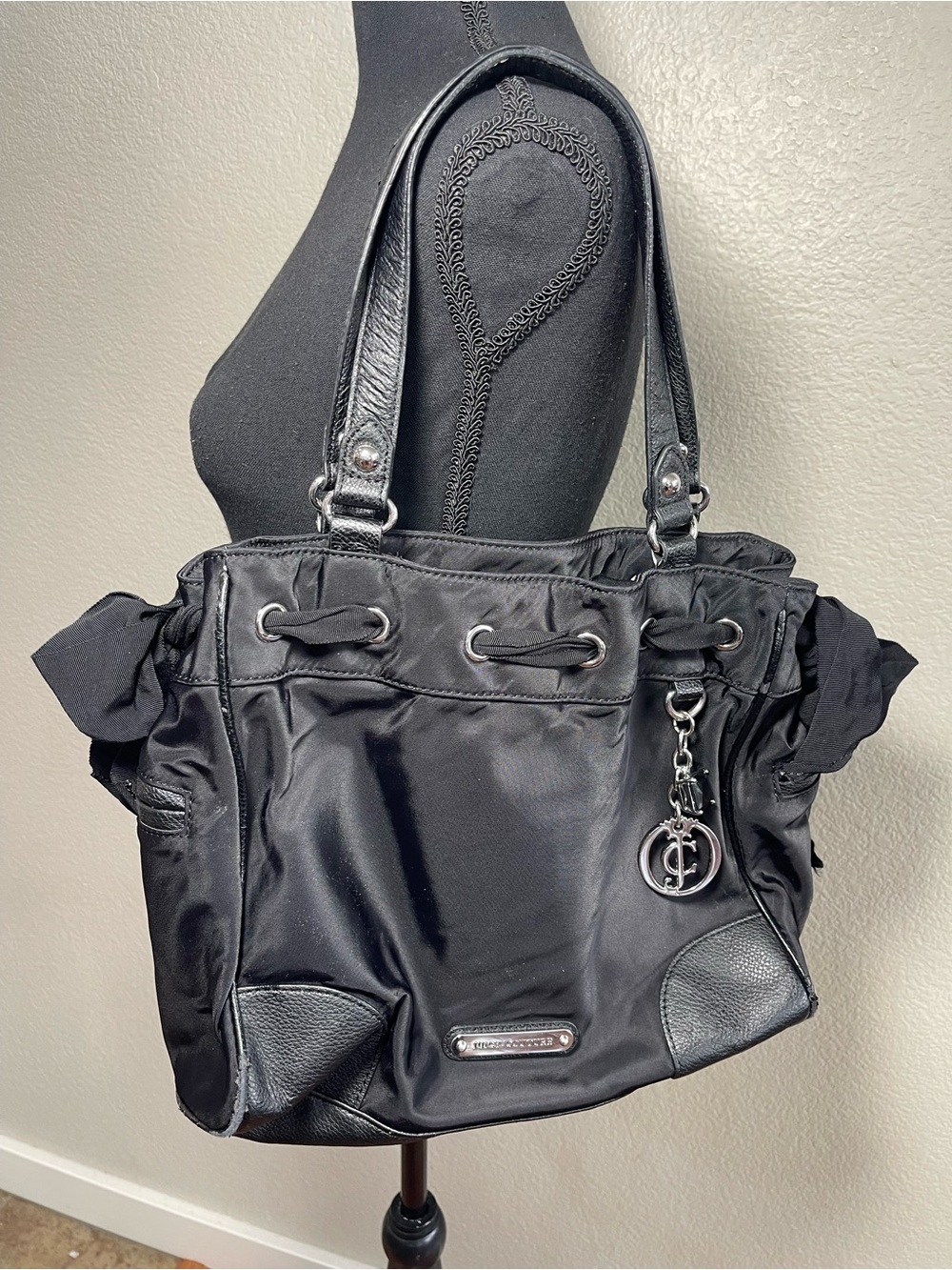 Juicy Couture Vintage Y2K Black Shoulder Tote Bag with Charm Designer Purse